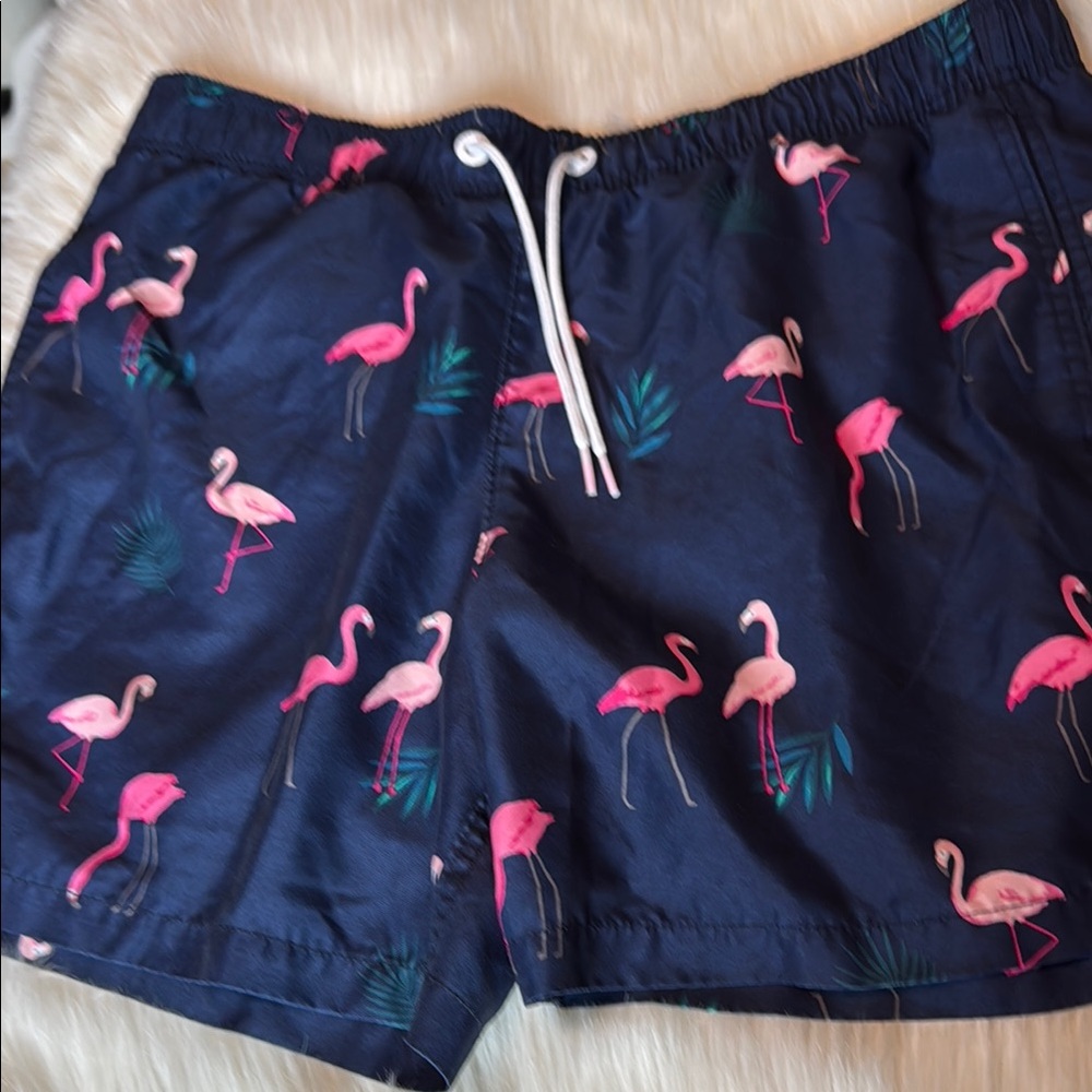Navy Flamingo Print Swim Shorts Size M